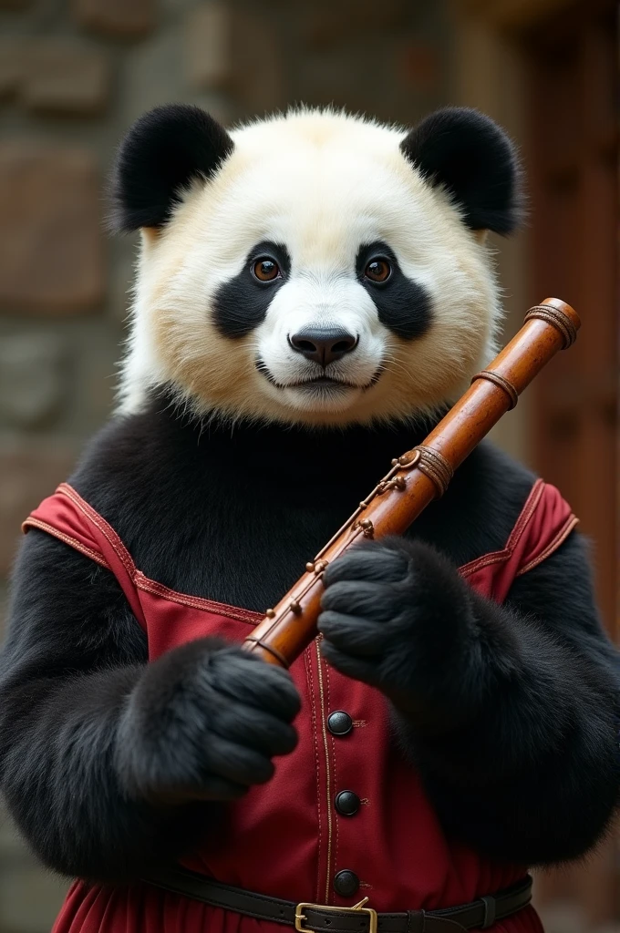 ((Large white man/panda hybrid)), ((Playing a recorder)), (jovial), medieval setting