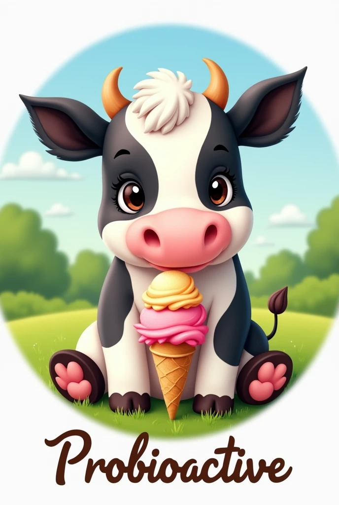 Beautiful, soft black and white cow with long eyelashes sitting with an ice cream cone.
The image should be round..
Below it should say Probioactive in italics