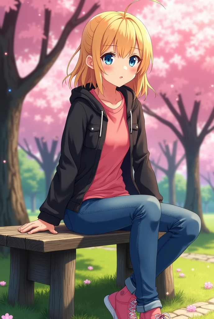 anime styling, young 19 year old sitting on a bench in a park wearing a pink shirt, Black jacke, jeans,  pink shoe and blonde hair and blue eyes 