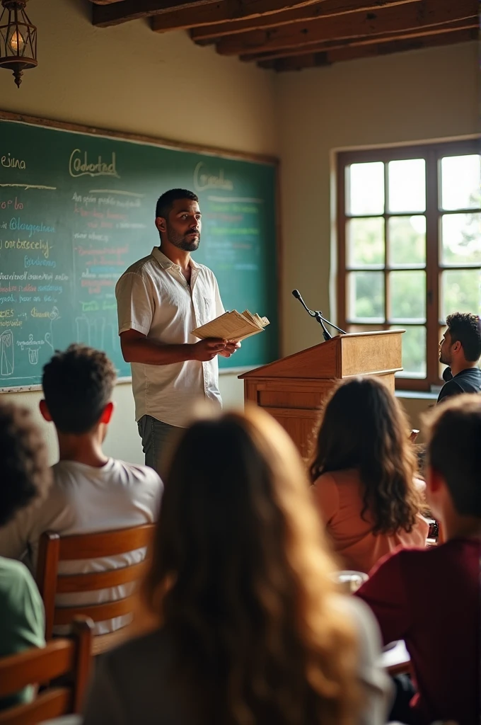 Humble man presenting a topic at a university with a low budget from Guatemala