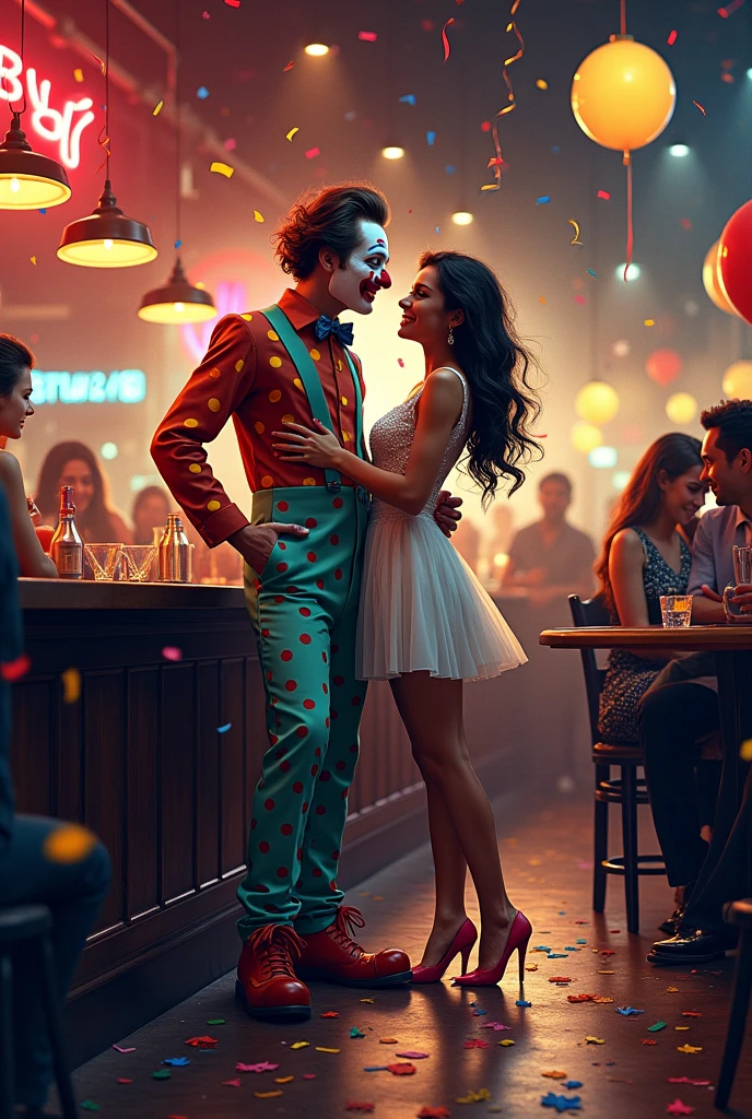 A clown having sex with a girl at the bar