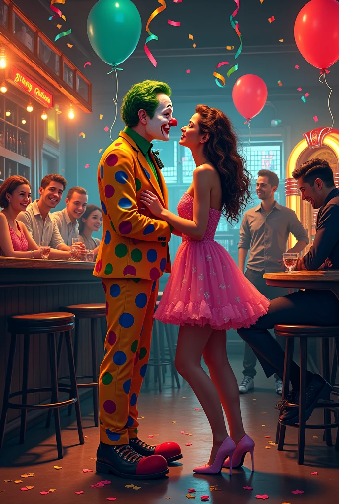A clown having sex with a girl at the bar