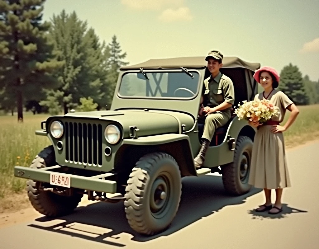 Photograph of a jeep from the 1950s, a soldier and a flower vendor girl, faded color photo, sfw, 