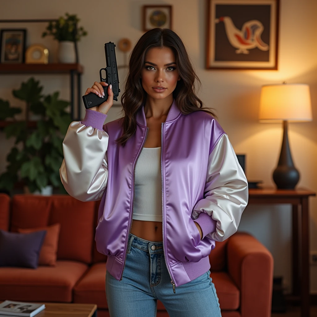 wide depth of field, wide depth of focus, f/11 lens setting, all objects in focus, living room background, full body image,, fragments, soft feminine purple and white satin bomber jacket,  woman posing with a pistol ,，almost perfect, pure form, intricate details, 8K post-production, high resolution, super detailed, Popular topics on Artstation,, Studio photos, intricate details, Very detailed,