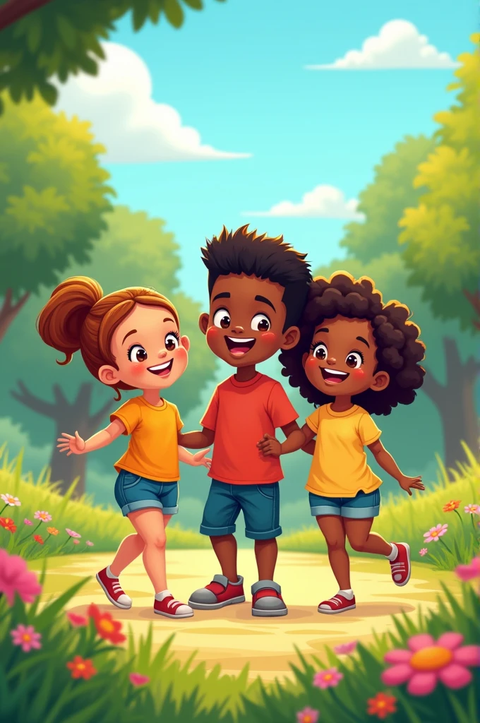 I would like you to create an image that demonstrates the value of rectitude, images of very happy boys and girls where there are children with dark skin, Brown and white, but no one should have yellow hair or blue eyes. The image should be animated for printing on a t-shirt.