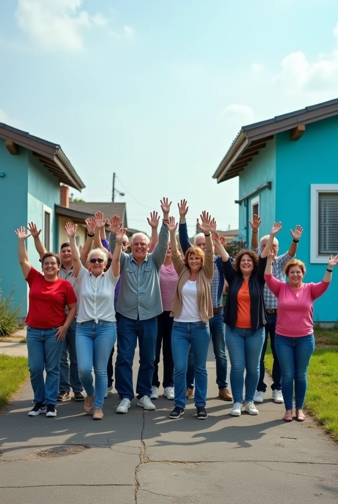 15 people, men and women aged 40 to 60, raising their hands, with different styles of clothing but without skirts, They are located on a street and in the background two simple houses, with details in the infrastructure of only 1 floor, and the rest land, People must be of different builds, that is to say, thin, athletic, that they are fat.
The floor should be asphalt with light cracks, the house of block and roof of slab, blue color both houses.