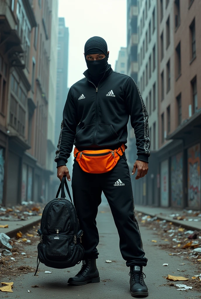 A picture in an empty, dirty big city where a darkly dressed dangerous man is seen with a sports bag and a cap., wearing a black bandana, a tracksuit, and a fanny pack in the style of Family Guy