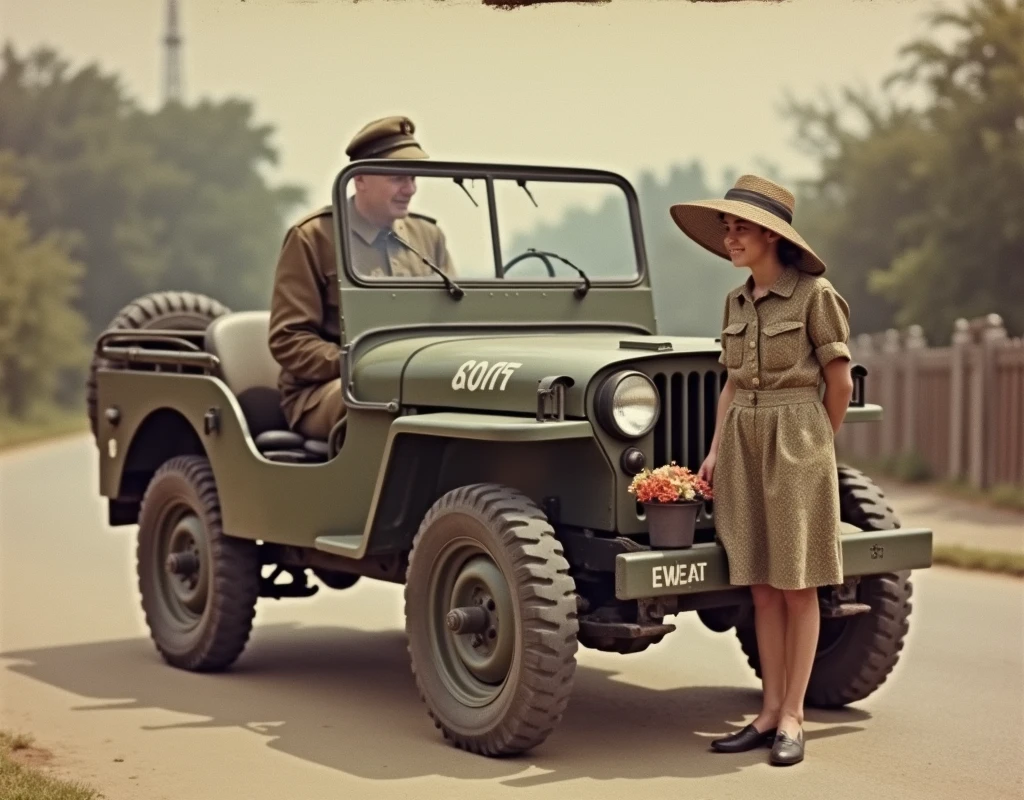 Photograph of a jeep from the 1950s, a soldier and a flower vendor girl, faded color photo, sfw, 