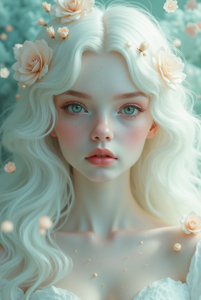 beautiful girl. white and flawless skin. White hair, long and semi-wavy. Eyes of two different colors, one gray and the other green. Whole body.surreal art