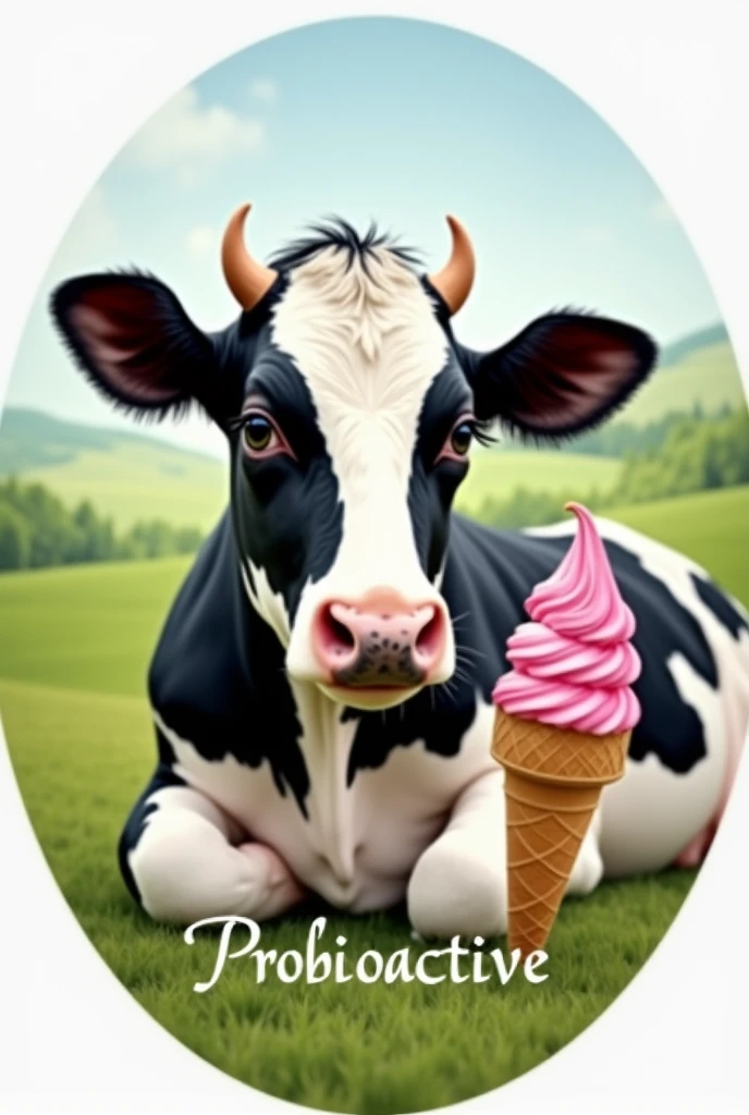 Beautiful, soft black and white cow with long eyelashes sitting with an ice cream cone.
The image should be round..
Below it should say Probioactive in italics