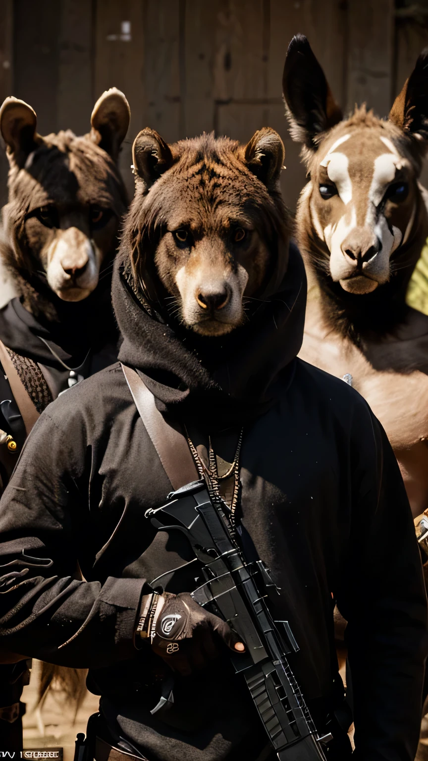 animal humanoid head kangaro mafia they hold weapons and stand one by one four characters shown close up attractive environment
