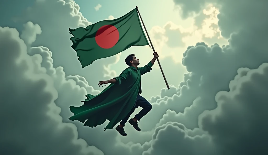 A Harry potter type figure of young man holding the flag of Bangladesh in the sky like playing quidditch. We don't see his face. We see his back. In the cloudy sky the flag is the bright ray of hope