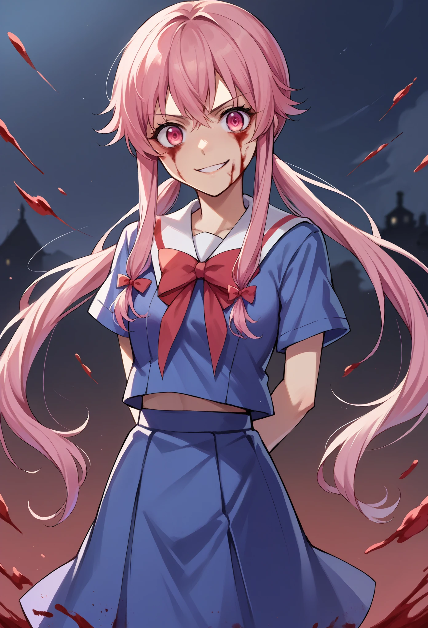 score_9, score_8_up, score_7_up, source_anime, 1girl, solo, yuno gasai, long hair, pink eyes, pink hair, smile, low twintails, serafuku, white sailor collar, short sleeves, shirt, blue shirt, skirt, blue skirt, bow, bowtie, red bowtie, standing, hands behind back, standing, blood, bloodstained, evil eyes, smirk, dar glare, looking at you, indoor, night dark
