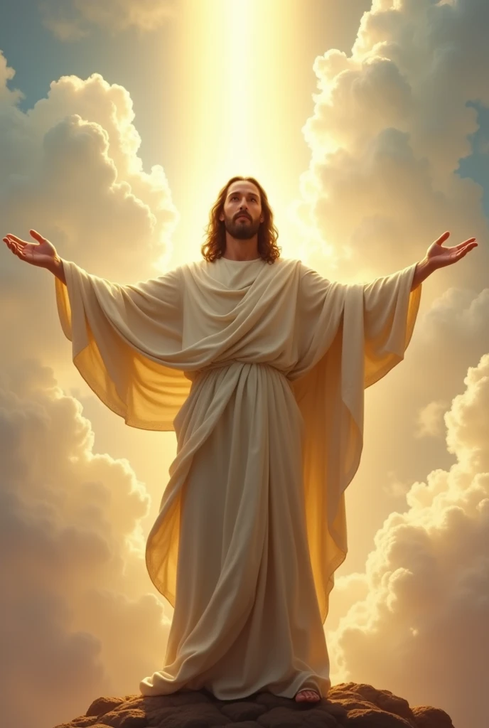 ((JESUS OF NAZARETH)), arms out, 33 years old, whole body, jesus christ, jesus, god of heaven, dressed as Jesus Christ, the Lord and Savior, the God of heaven, glorious Jesus,