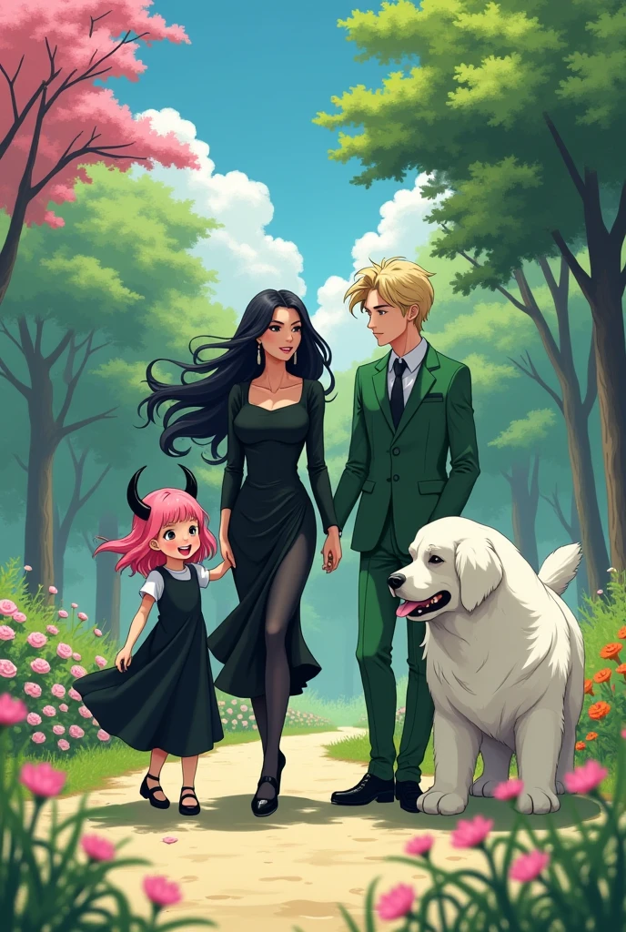 A with pink bubblegum hair and two black horns, wearing a loose black dress. Anime style, in a park with a white Newfoundland dog beside her. A woman with long black hair and a tight black dress, like an assassin, is also present. And a man with blond hair and a green suit, like a spy.