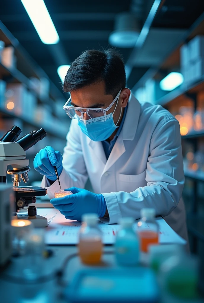 
Create an image of a scientist in a laboratory, wearing a white lab coat, safety glasses and a face mask. He is carefully handling a virus sample, Using tweezers or a test tube. The lab is filled with scientific equipment, as microscopes, glass vials and computers with graphs. The scene should convey precision and seriousness, focusing on the analysis and collection of samples.