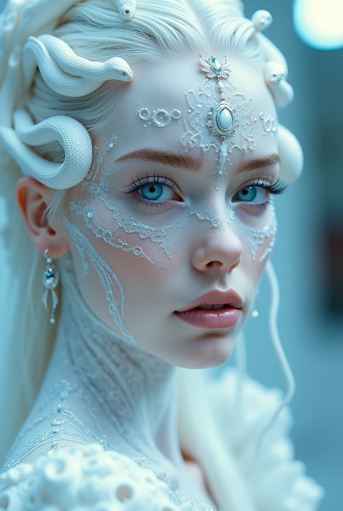 girl, focus on the face, professional photography, futuristic white makeup with geometry and mechanism, an albino girl with blue eyes, white skin, white hair, white snakes around the face from the head, cyberpunk, mirror reflections, glare, lots of sequins, shimmer on the body, ocular inclusions, sub-surface scattering
