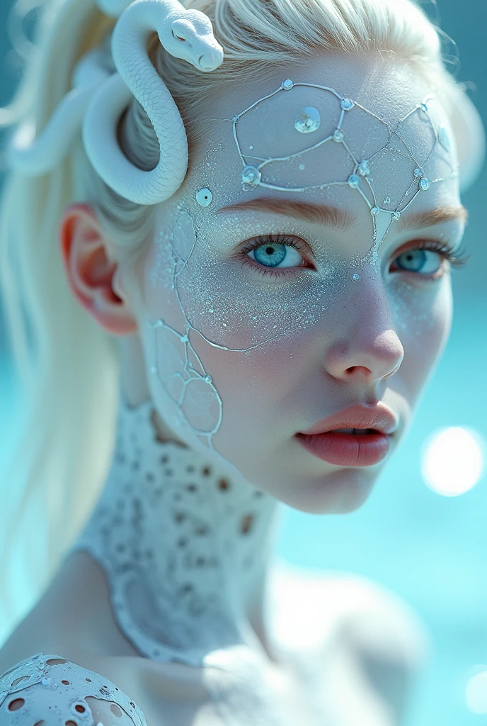 girl, focus on the face, professional photography, futuristic white makeup with geometry and mechanism, an albino girl with blue eyes, white skin, white hair, white snakes around the face from the head, cyberpunk, mirror reflections, glare, lots of sequins, shimmer on the body, ocular inclusions, sub-surface scattering