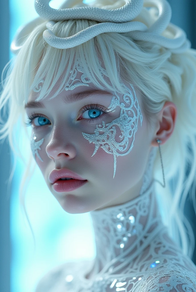girl, focus on the face, professional photography, futuristic white makeup with geometry and mechanism, an albino girl with blue eyes, white skin, white hair, white snakes around the face from the head, cyberpunk, mirror reflections, glare, lots of sequins, shimmer on the body, ocular inclusions, sub-surface scattering