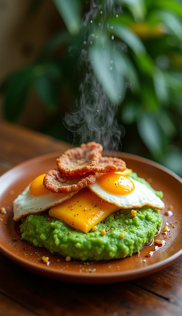 "In the photo, we see a plate of mangu with the three hits, a typical dish of the Dominican Republic. The presentation of the dish is colorful and appetizing, with a bright green and steaming mangu topped with fried eggs, Fried cheese and salami or chicharrón. The texture of the mangu is smooth and creamy, and the combination of flavors is balanced and rich. The photo is a perfect representation of Dominican food, with its vibrant colors and its spicy and savory flavors."