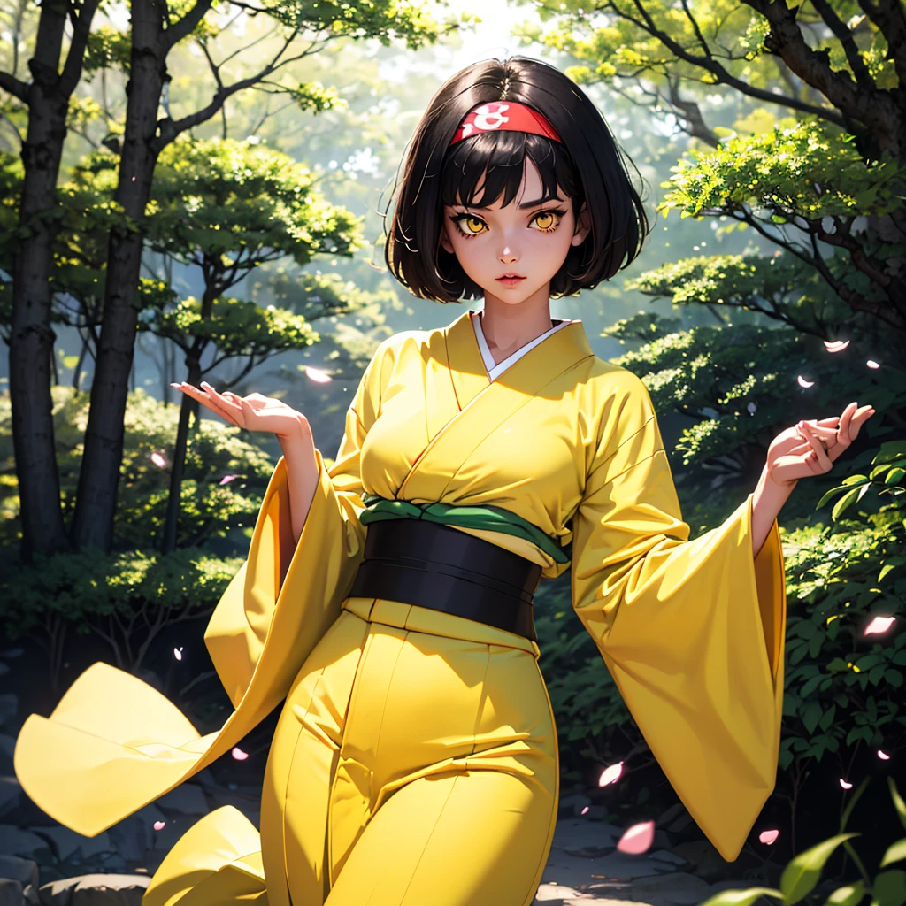 (masterpiece, best quality), 1girl,  pokemonerika, (yellow eyes:1.5), black hair, headband, short hair, japanese clothes, kimono, hakama, green hakama, long sleeves, wide sleeves, sakura forest background, day, sunlight, anime style, beautiful