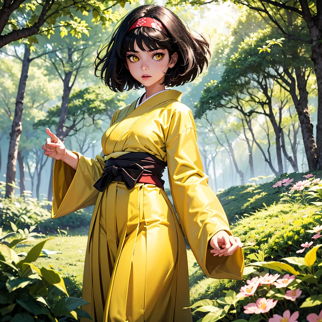 (masterpiece, best quality), 1girl,  pokemonerika, (yellow eyes:1.5), black hair, headband, short hair, japanese clothes, kimono, hakama, green hakama, long sleeves, wide sleeves, sakura forest background, day, sunlight, anime style, beautiful