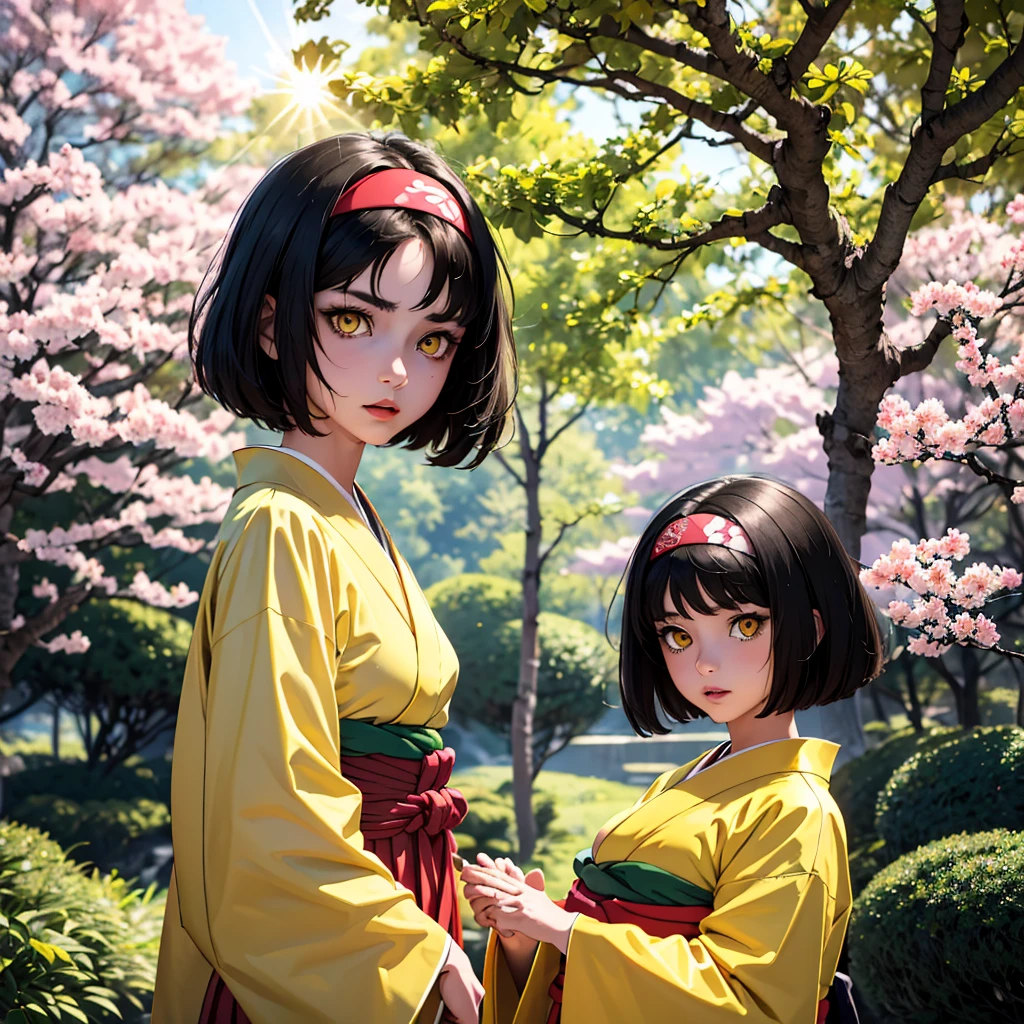 (masterpiece, best quality), 1girl,  pokemonerika, (yellow eyes:1.5), black hair, headband, short hair, japanese clothes, kimono, hakama, green hakama, long sleeves, wide sleeves, sakura forest background, day, sunlight, anime style, beautiful