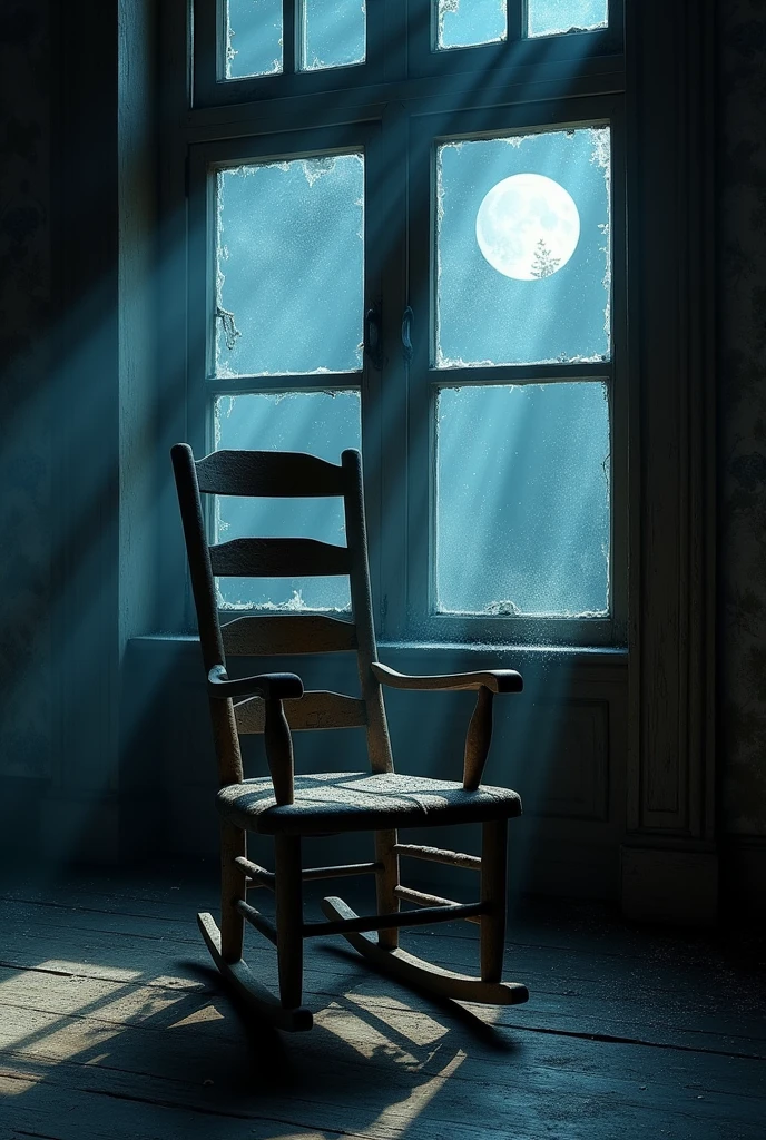 A wooden rocking chair in an old house is abandoned on a dark night
