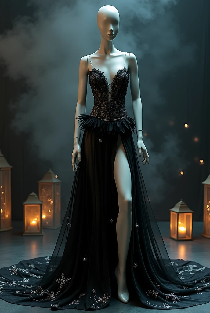 Mannequin with an ultra-realistic dress on the fallen angel theme with a thigh-high slit.. Front and back image.