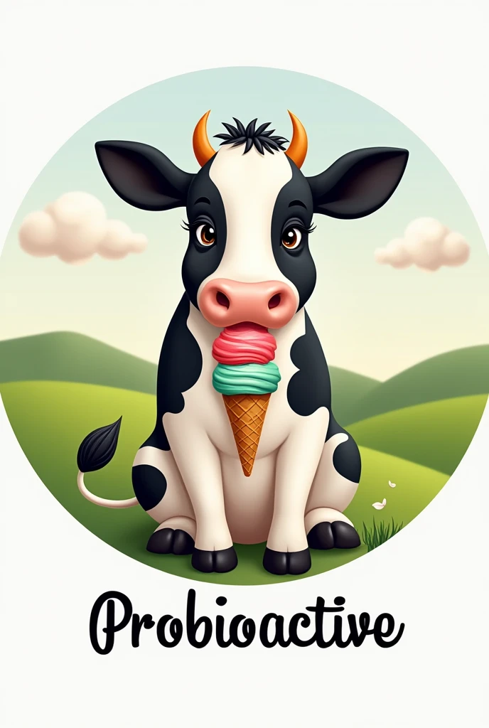 Beautiful, soft black and white cow with long eyelashes sitting with an ice cream cone.
The image should be round..
Below it should say Probioactive in italics