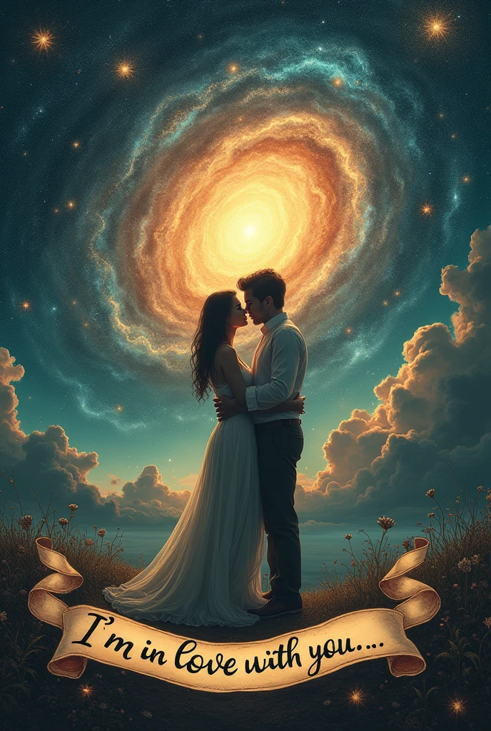 Create an image that represents this verse "I'm in love with you, and I know that love is just a scream into the void, and that oblivion is inevitable, and that we are all doomed to the end, and that there will come a day when everything we have done will return to dust, and I know the sun will swallow the only Earth we can call our own, and I'm in love with you." An image with this verse on it and better representing the phrase in the image, where is the phrase?