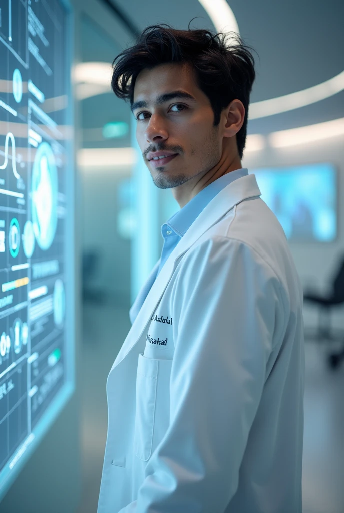 A young Digital Doctor wearing a white coat written "Dr.Abdullah Miakhail".   Clear and perfectly and exactly on its back 