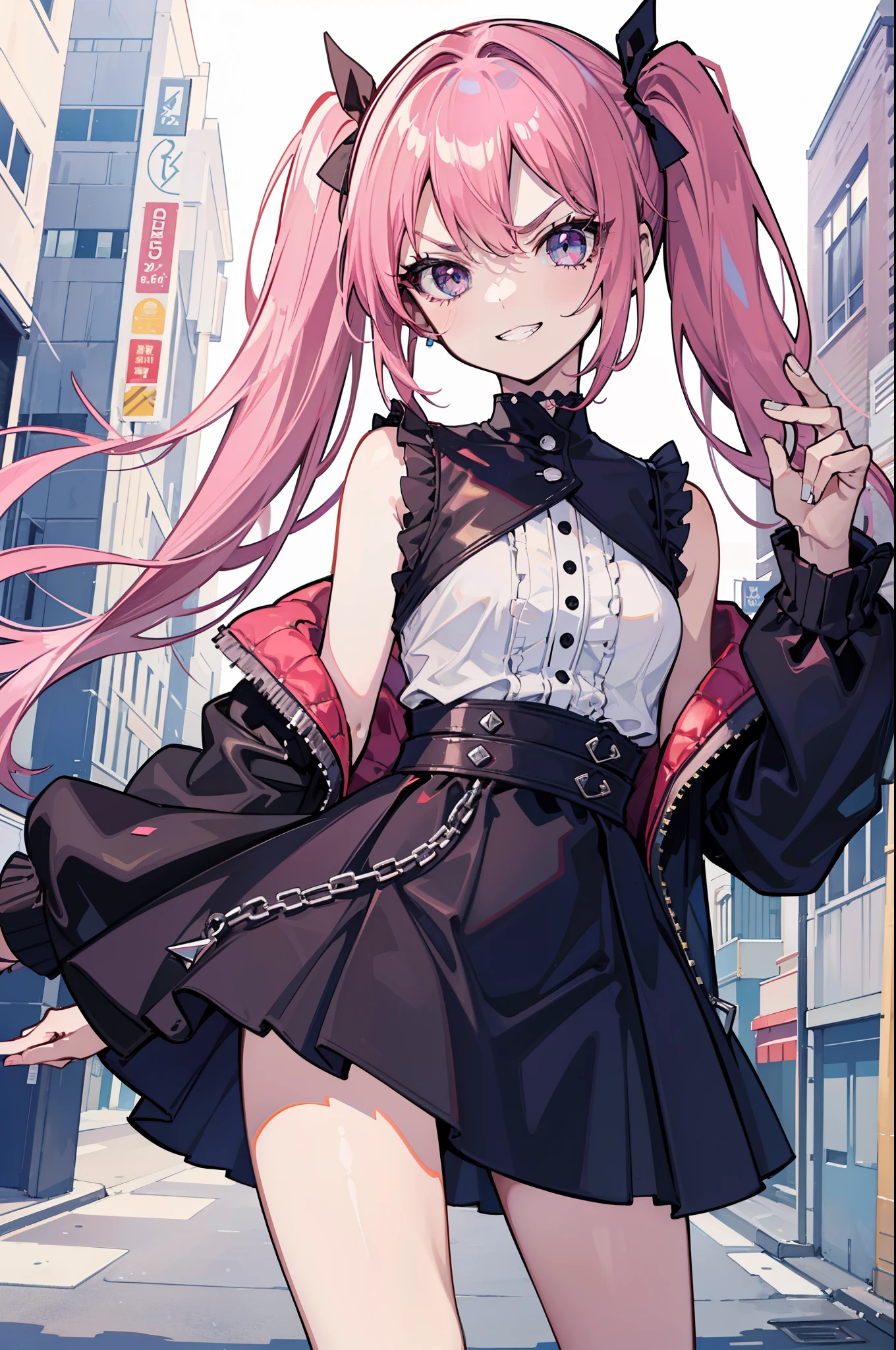 (best quality:1.2), (highest quality:1.2), (perfection:1.1), (flawless:1.1), urban street, 1girl, crazy girl, (serious look, dominant look:1.2), evil sharp grin, short height, blouse, short skirt, twin tails hair, small breasts, (best quality eyes:1.1), highly detailed, 8k, best quality resolution, (most beautiful upscale:1.1)