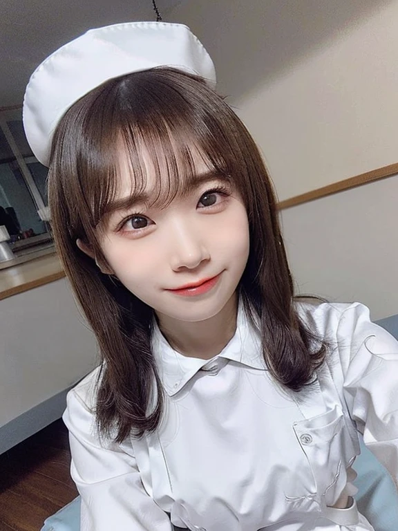 woman, alone, (Wearing white nurse clothes:1.2), (Bobcut), Shortcuts,bangs, Black Hair, nurse, Perfect Anatomy, nurse uniform, (Nurse cap), (White costume), Long skirt, hospital, Face close-up, smile, Close your mouth