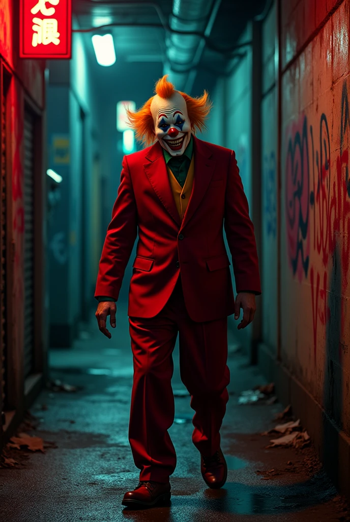 Red criminal with a clown mask