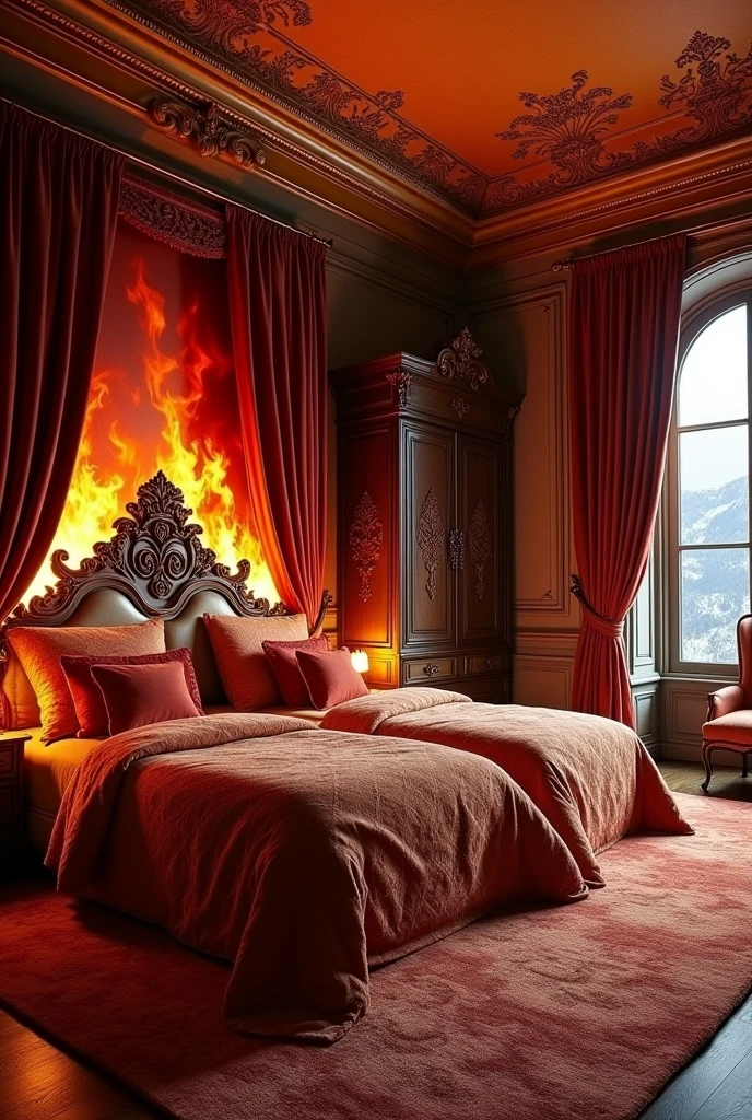 The bedroom walls are covered with rich fabrics in warm tones such as red, orange and gold. two sophisticated double beds in opposite corners, with ornate headboards that often include details that evoke flames. The sheets and blankets are made of high quality materials, with patterns that imitate the heat of a fire. has a smaller fireplace or heat source, providing a comfortable and welcoming environment. The windows allow for a spectacular view and can be decorated with heavy curtains that help maintain privacy and the internal temperature. The decor is elegant, with furniture and accessories that complement the fire theme and create a comfortable space for residents. and has a door that leads to the bathroom, and two wardrobes made of dark wood and adorned with flames.