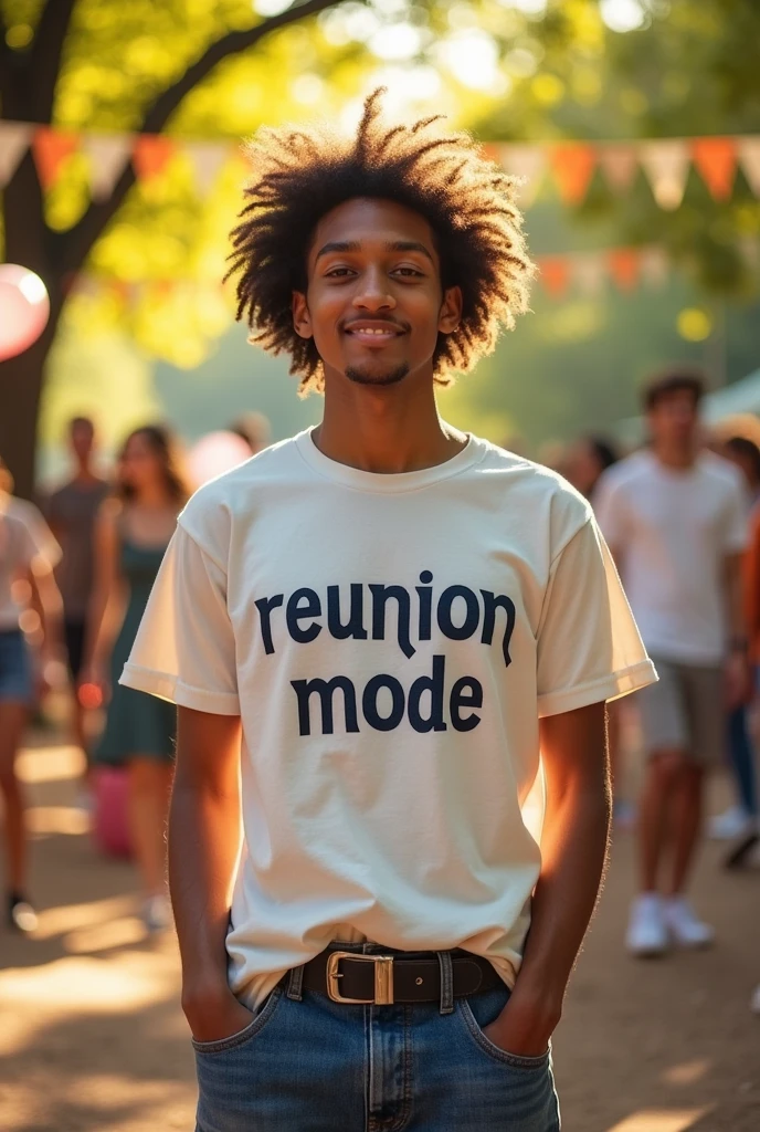 Shirt that says 'reunion mode' on the front, on the right side of the chest with small university-style lettering.