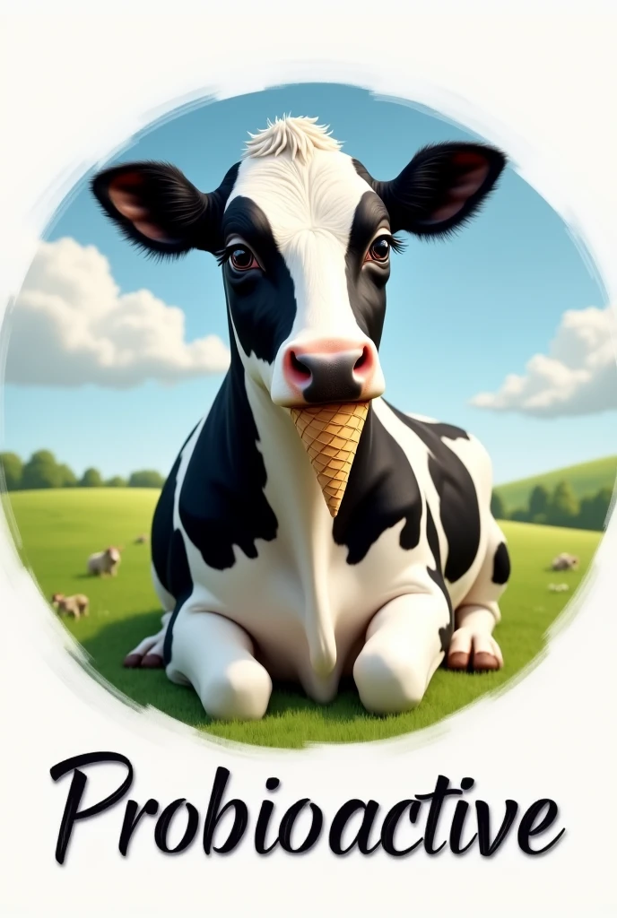 Beautiful, soft black and white cow with long eyelashes sitting with an ice cream cone.
The image should be round..
Below it should say Probioactive in italics