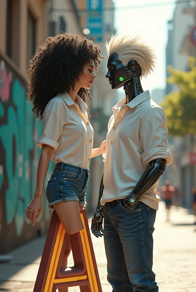 Cute model robot girl posing over capital letter A with black curly hair over shirt and jean shorts handsome guy robot hair white eyes green over white shirt and jeans