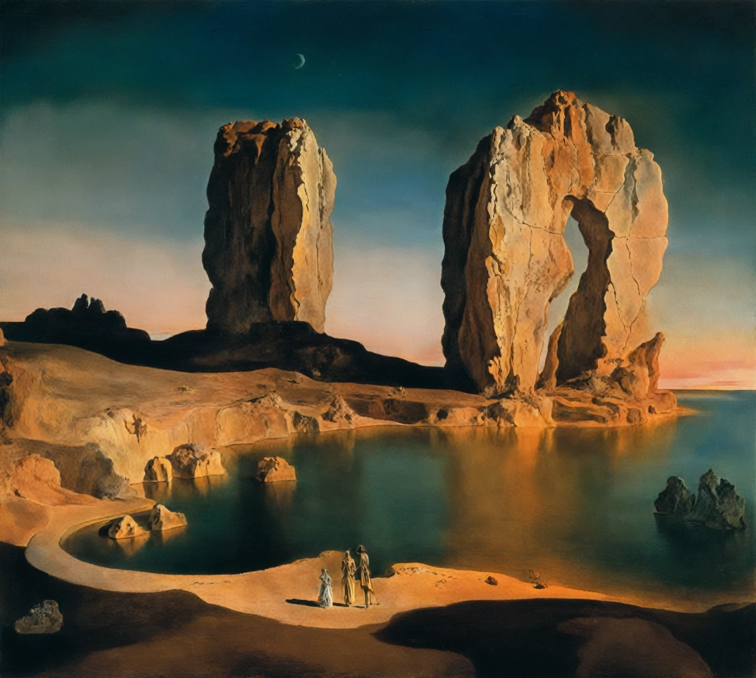 Flow of time by Salvador Dali,Magic,(style of Jean-Antoine Watteau):0.1.       The image is a digital artwork depicting a serene scene on a beach at sunset with three person s., with a small figure standing at the bottom. The image is a captivating depiction of an ancient civilization, set in a desert landscape under a cloudy blue sky.