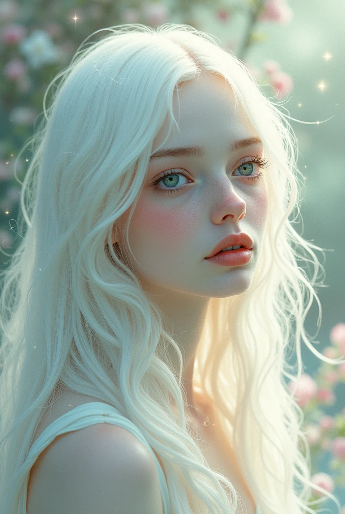 White hair, green eyes, cute teenager, pouring light, flower