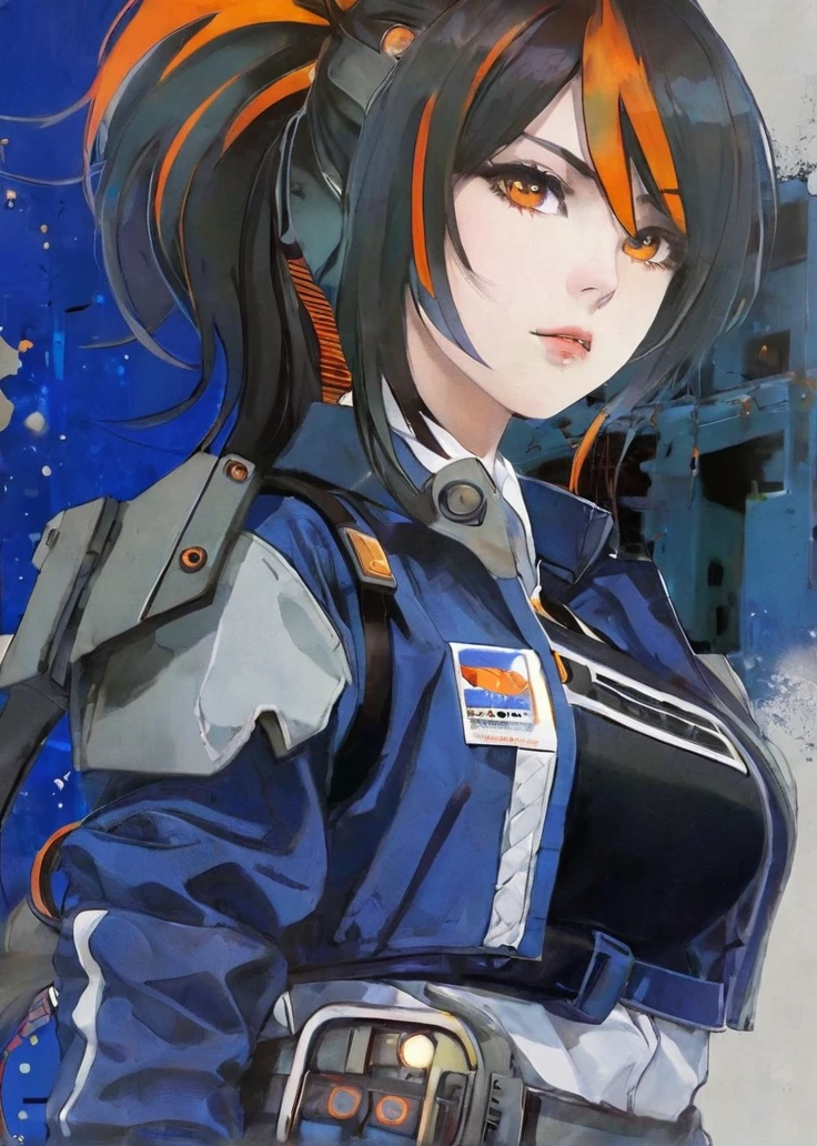 {Anime character with medium-length dark hair, accented with bright orange streaks, tied back in a ponytail:0.9}, {She has sharp, determined eyes with a vibrant, glowing orange-yellow color, and an intense, focused expression on her face:0.8}, [She’s wearing futuristic police armor, marked with the logo “N.E.P.S. New Erid Public Security” and “PUBSEC,” blending modern military and sci-fi aesthetics. The armor is primarily blue with metallic accents, featuring protective shoulder pads and high-tech equipment on her belt:0.7], {The background is a mix of abstract and industrial elements, emphasizing a deep blue color palette with hints of mechanical and technological details:0.8}, {The overall art style is a fusion of dynamic photography and line work, capturing a gritty yet polished look, conveying a strong sense of authority and determination:0.9}.