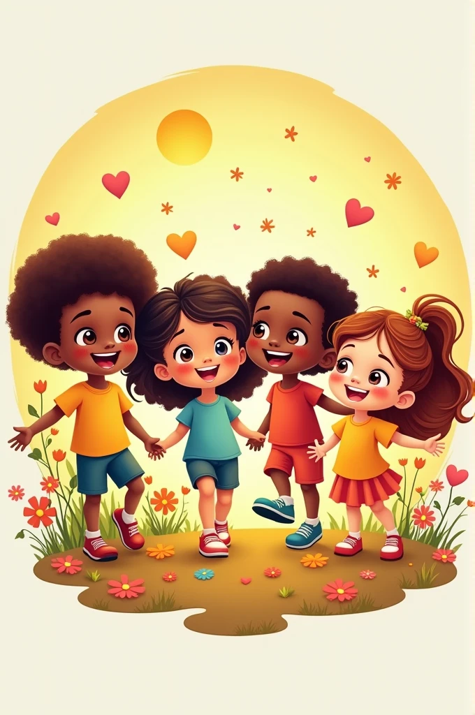 I would like to create images that show the value of righteousness, images of very happy boys and girls where there are several children, about 4, or just animated images about the value of children with dark skin., brunette and white but no one has yellow hair or blue eyes the image should be animated to print on a t-shirt with a round background