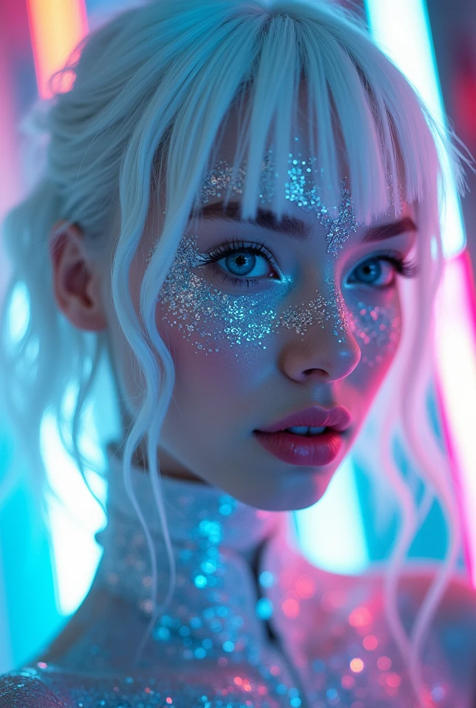 girl, focus on the face, professional photography, futuristic white makeup with geometry and mechanism, an albino girl with blue eyes, white skin, white hair,  cyberpunk, mirror reflections, glare, lots of sequins, shimmer on the body, ocular inclusions, sub-surface scattering