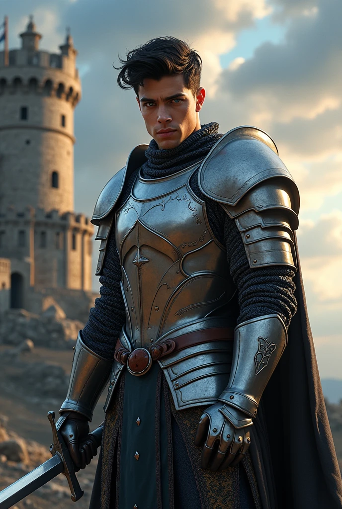 (photorealism:1.2), handsome and masculine boy, black hair, with blue-grey eyes, Tez blanca, tall and athletic, with armor and a sword, strong and serious countenance