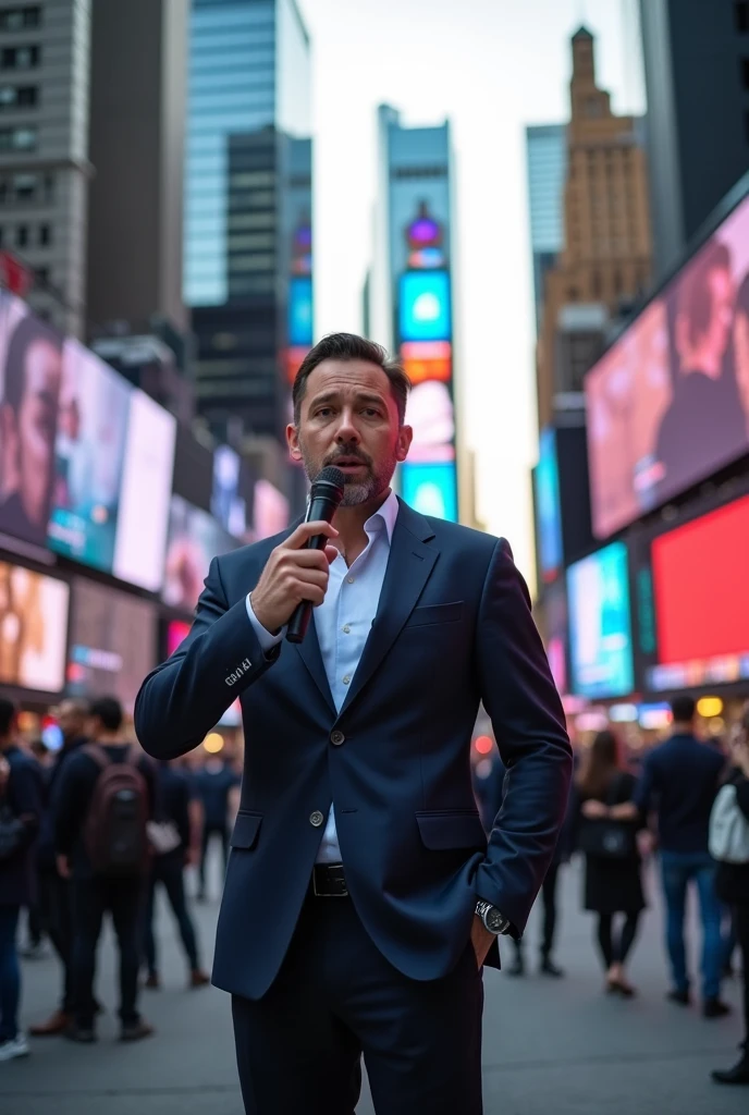 Create an image of a journalist in an outdoor reporting scene. He is in an urban environment, with a microphone in hand and a camera by their side. The journalist is wearing a blazer and speaking directly to the camera, with an expression of urgency and determination. Ao fundo, There might be a screen with graphics or images related to the report, It's a film crew working, Conveying the atmosphere of an active and dynamic journalistic coverage.