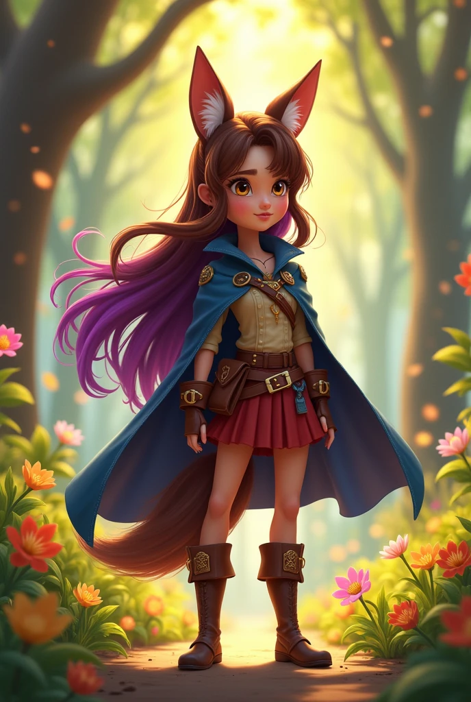 girl long hair brown hair and purple tips fox ears has a cape and an old guard suit and brown boots animation