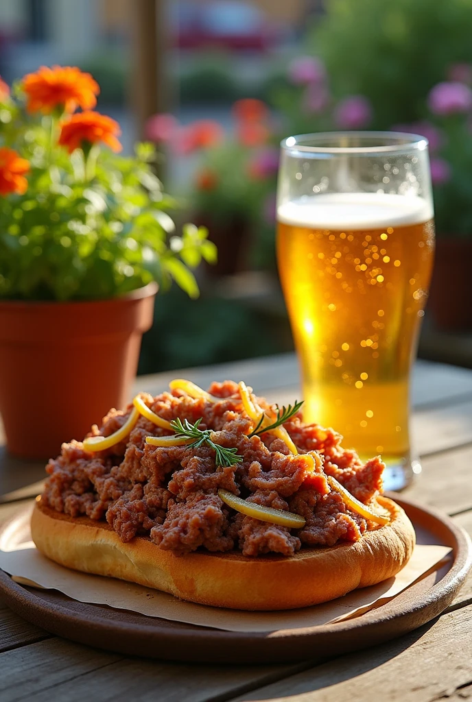 A Mettbrötchen with beer