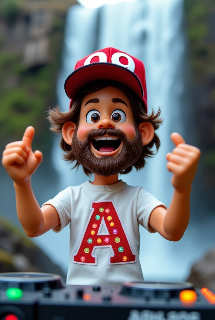 DJ doll with a cap with red 09 logo, light brown with a full medium beard, medium length hair to the shoulders and with large brown eyes and an expression of happiness with both hands between the mouth screaming ahhhhhh, toothless, white t-shirt with capital letter A logo and light bulbs ,waterfall background image with a fall on rocks
