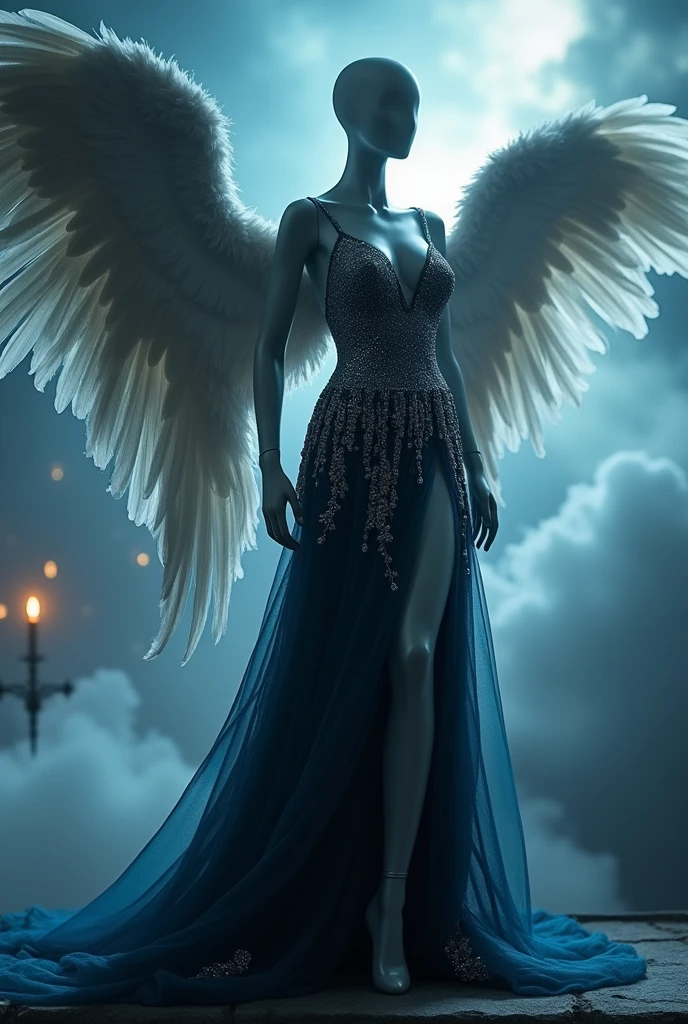Mannequin wearing an ultra realistic dress themed 'fallen angel' with a thigh-high slit and long wings.. Front and back image.